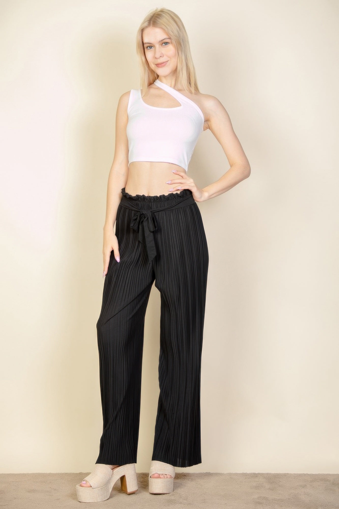 Pleated Tie Front Wide Leg Pants - Black Main image