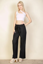 Pleated Tie Front Wide Leg Pants - Black