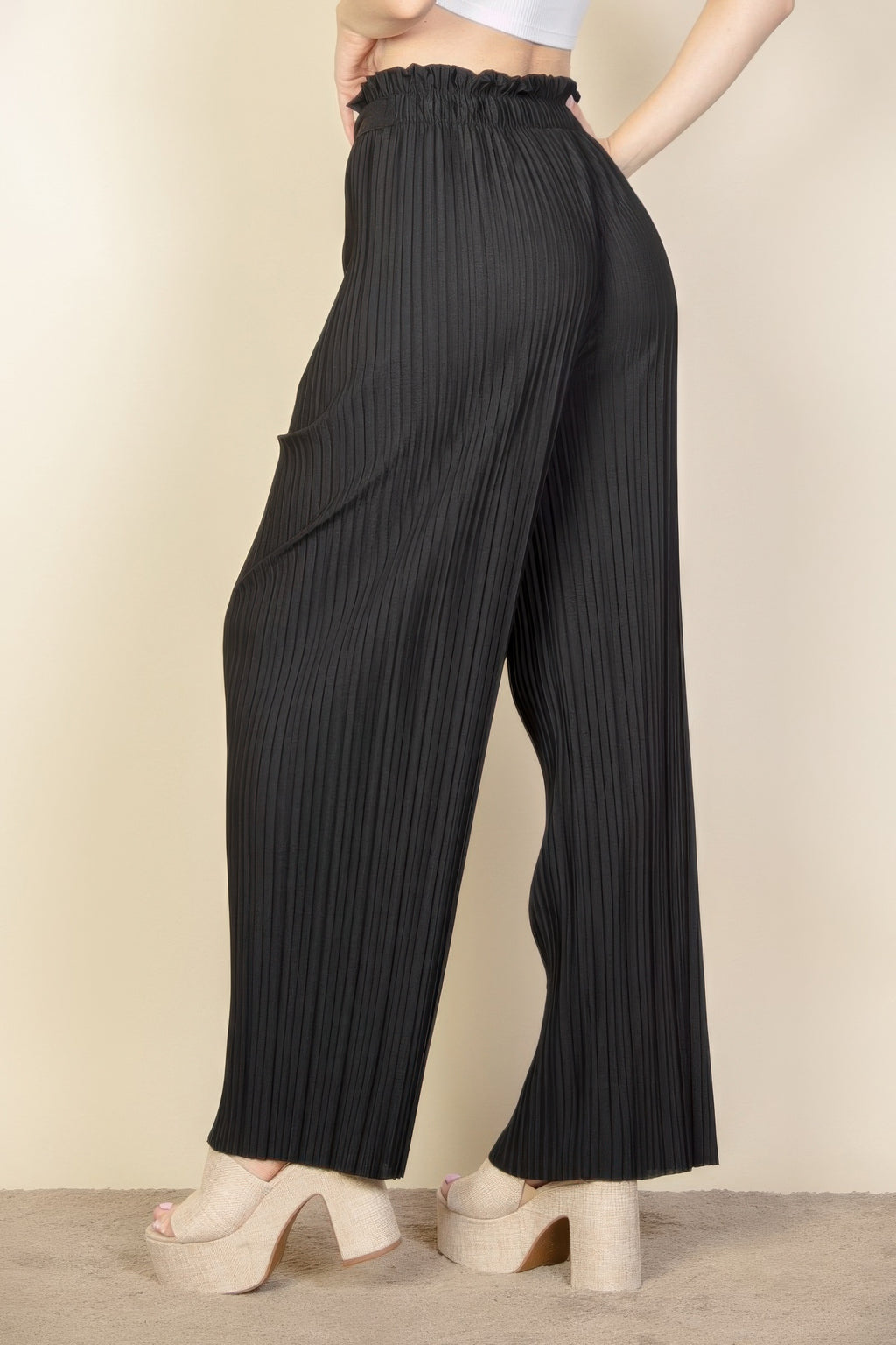Pleated Tie Front Wide Leg Pants -