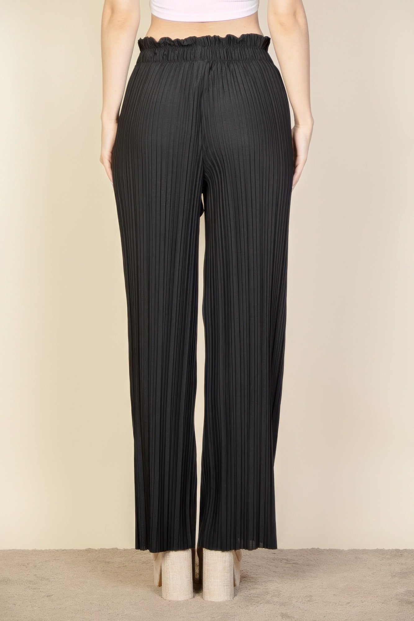 Pleated Tie Front Wide Leg Pants -