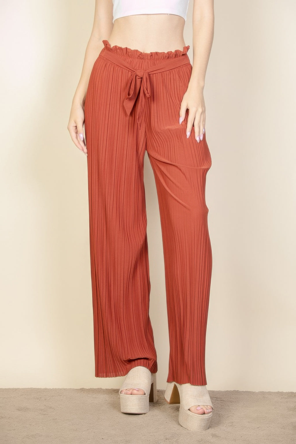 Pleated Tie Front Wide Leg Pants -