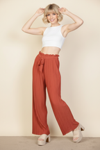 Pleated Tie Front Wide Leg Pants - Rust