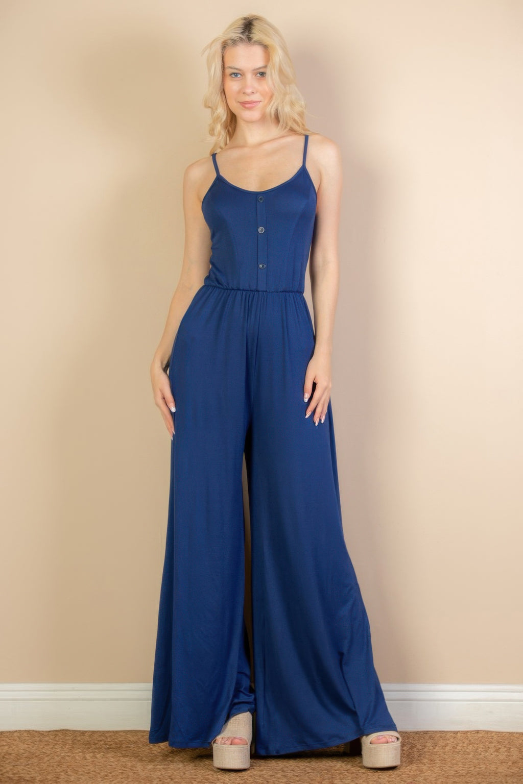 Button Front Wide Leg Jumpsuit - Navy