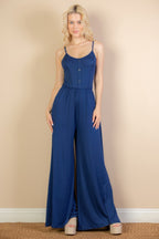 Button Front Wide Leg Jumpsuit - Navy