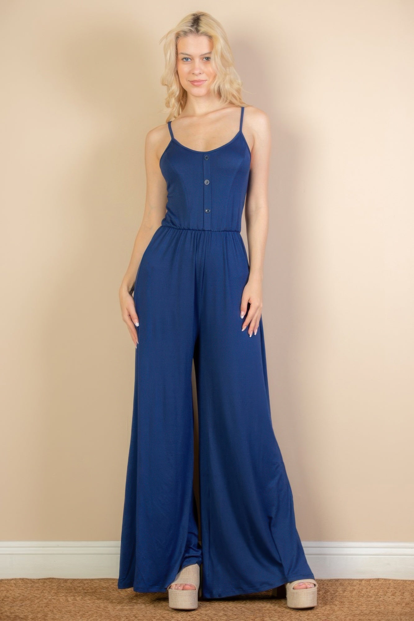 Button Front Wide Leg Jumpsuit - Navy