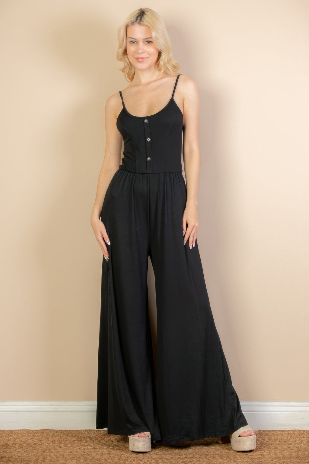 Button Front Wide Leg Jumpsuit - Black