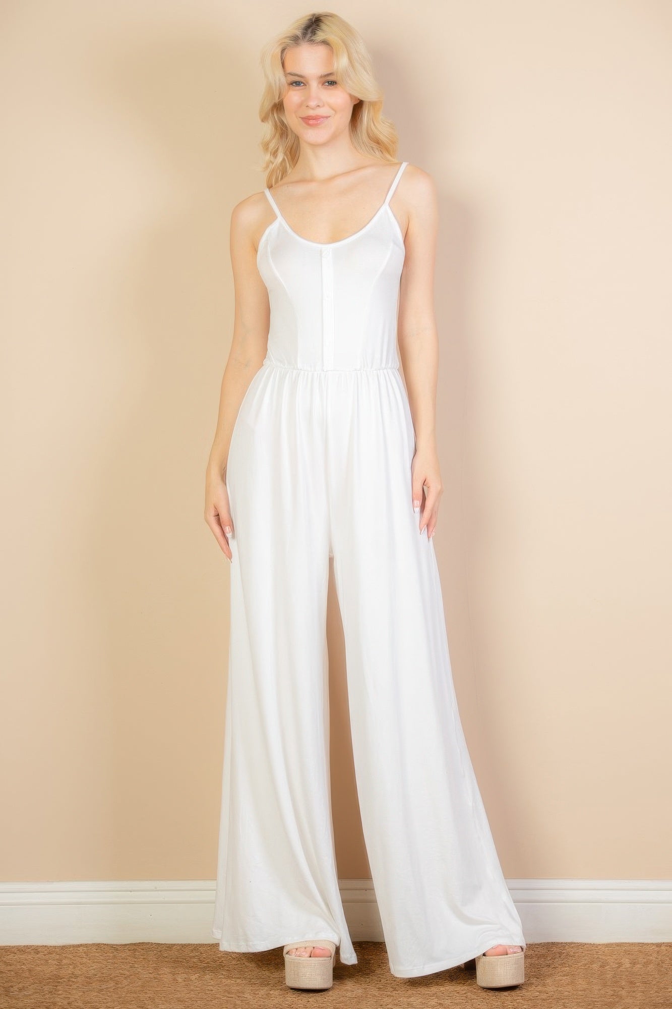 Button Front Wide Leg Jumpsuit - White