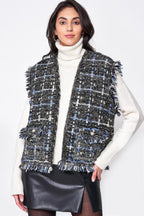 Fringed Plaid Tweed Vest - Black