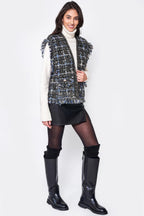 Fringed Plaid Tweed Vest -