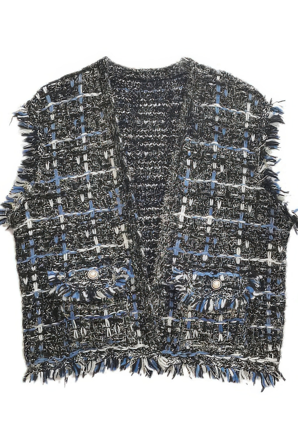 Fringed Plaid Tweed Vest -