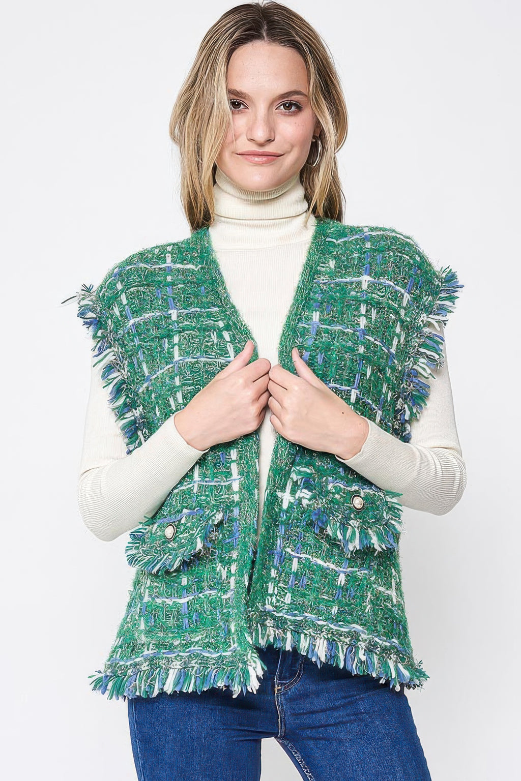 Fringed Plaid Tweed Vest - Green