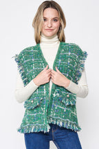 Fringed Plaid Tweed Vest - Green