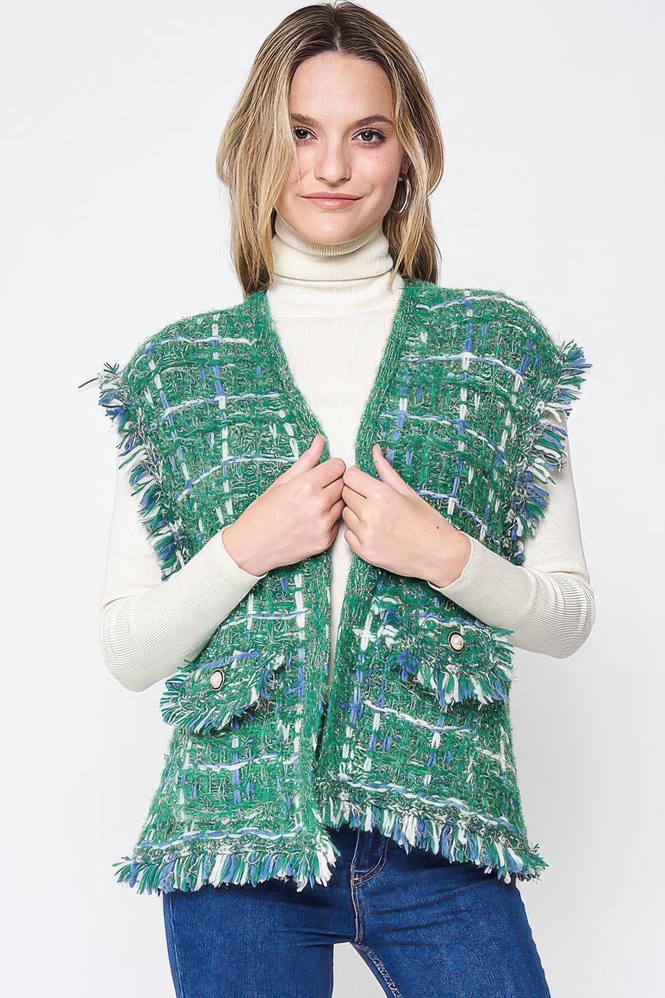 Fringed Plaid Tweed Vest - Green