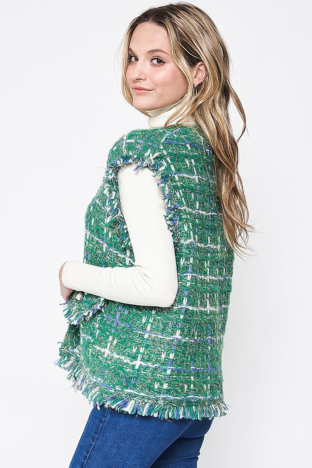 Fringed Plaid Tweed Vest -