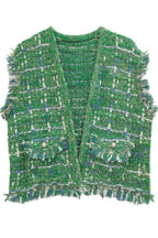 Fringed Plaid Tweed Vest -