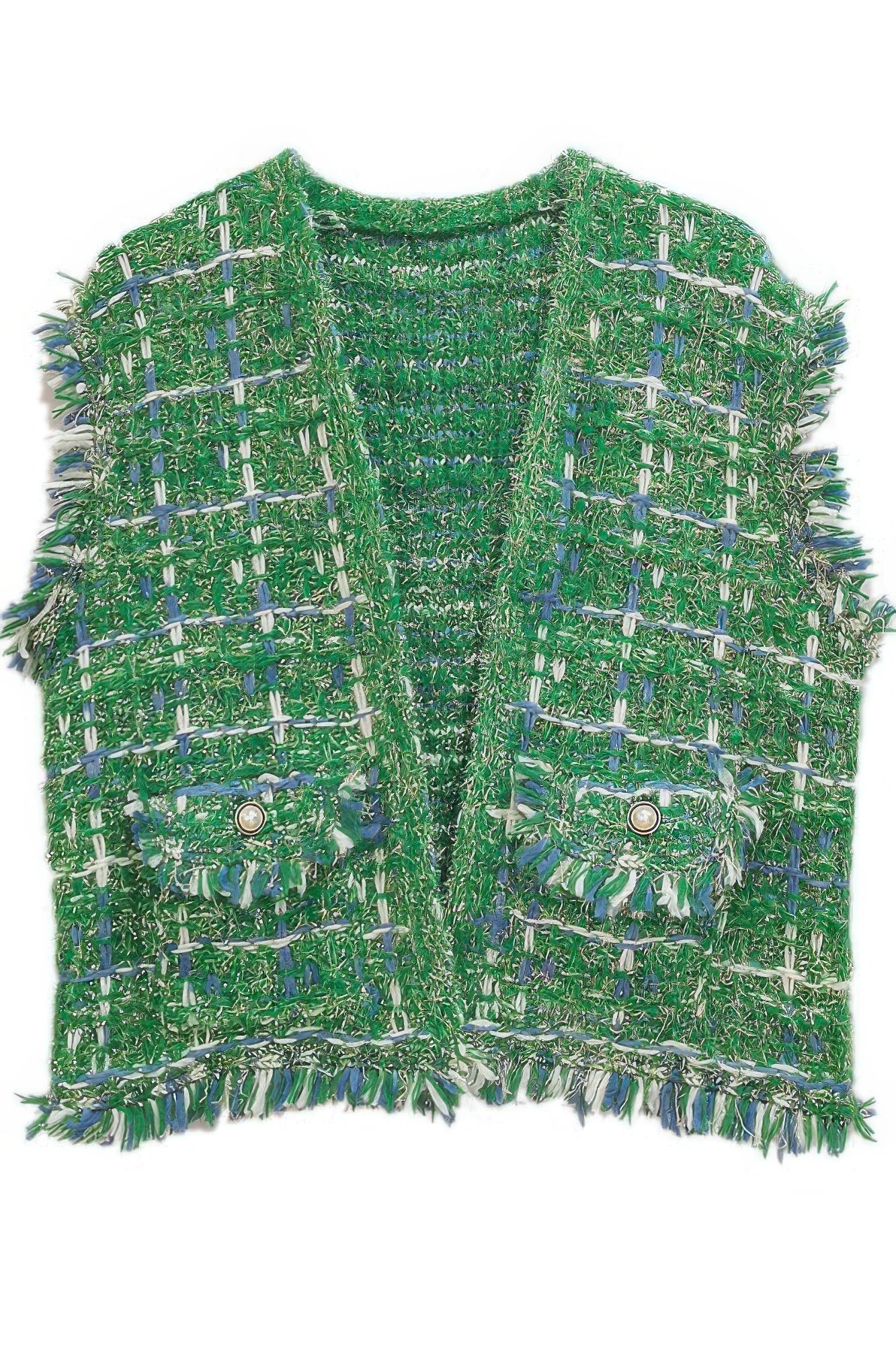 Fringed Plaid Tweed Vest -