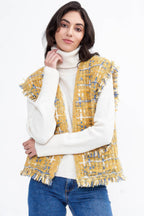 Fringed Plaid Tweed Vest - Yellow