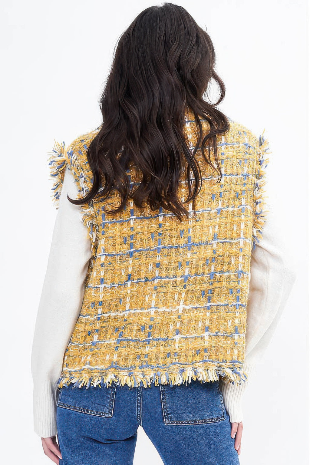 Fringed Plaid Tweed Vest -