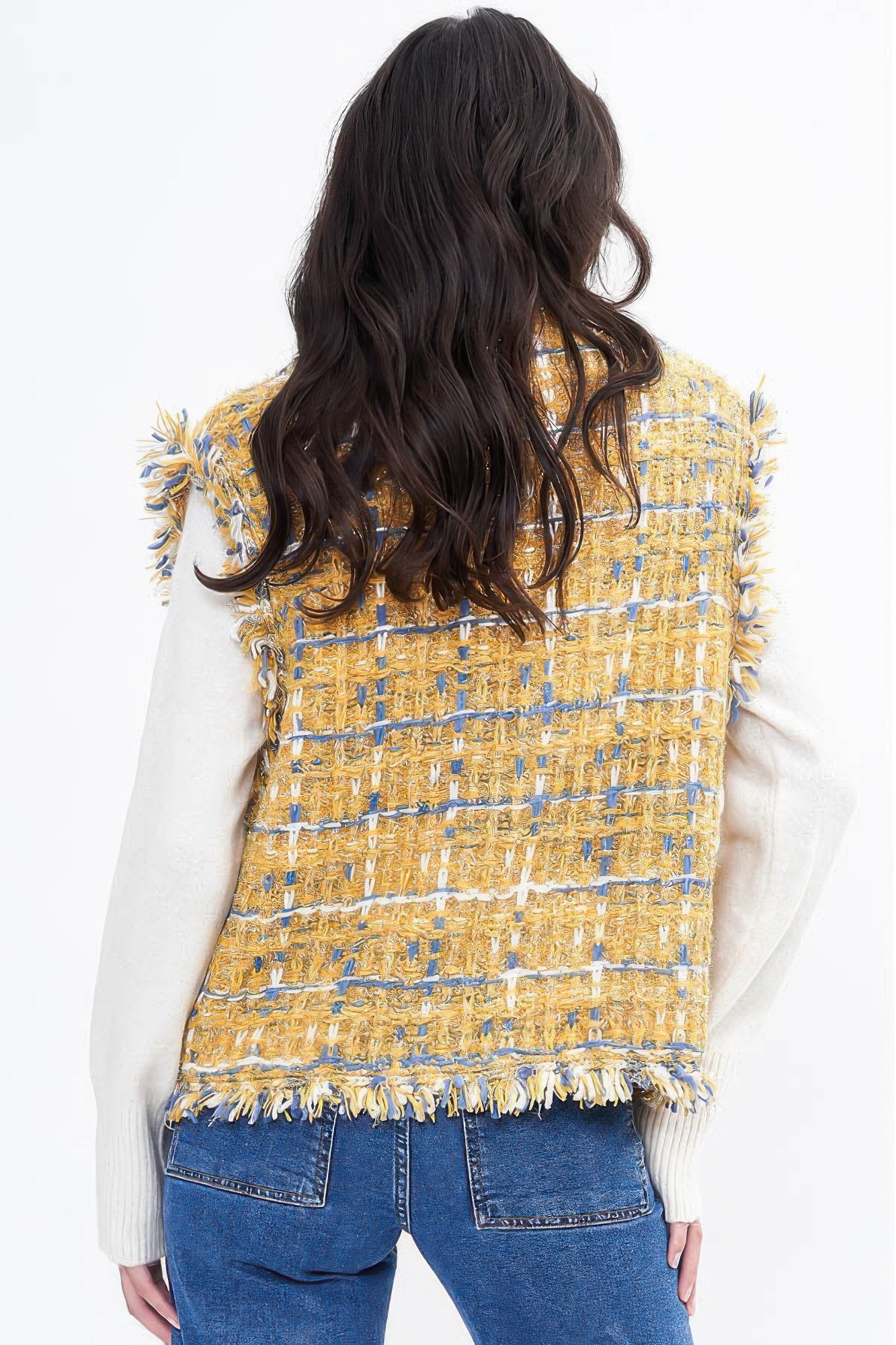 Fringed Plaid Tweed Vest -