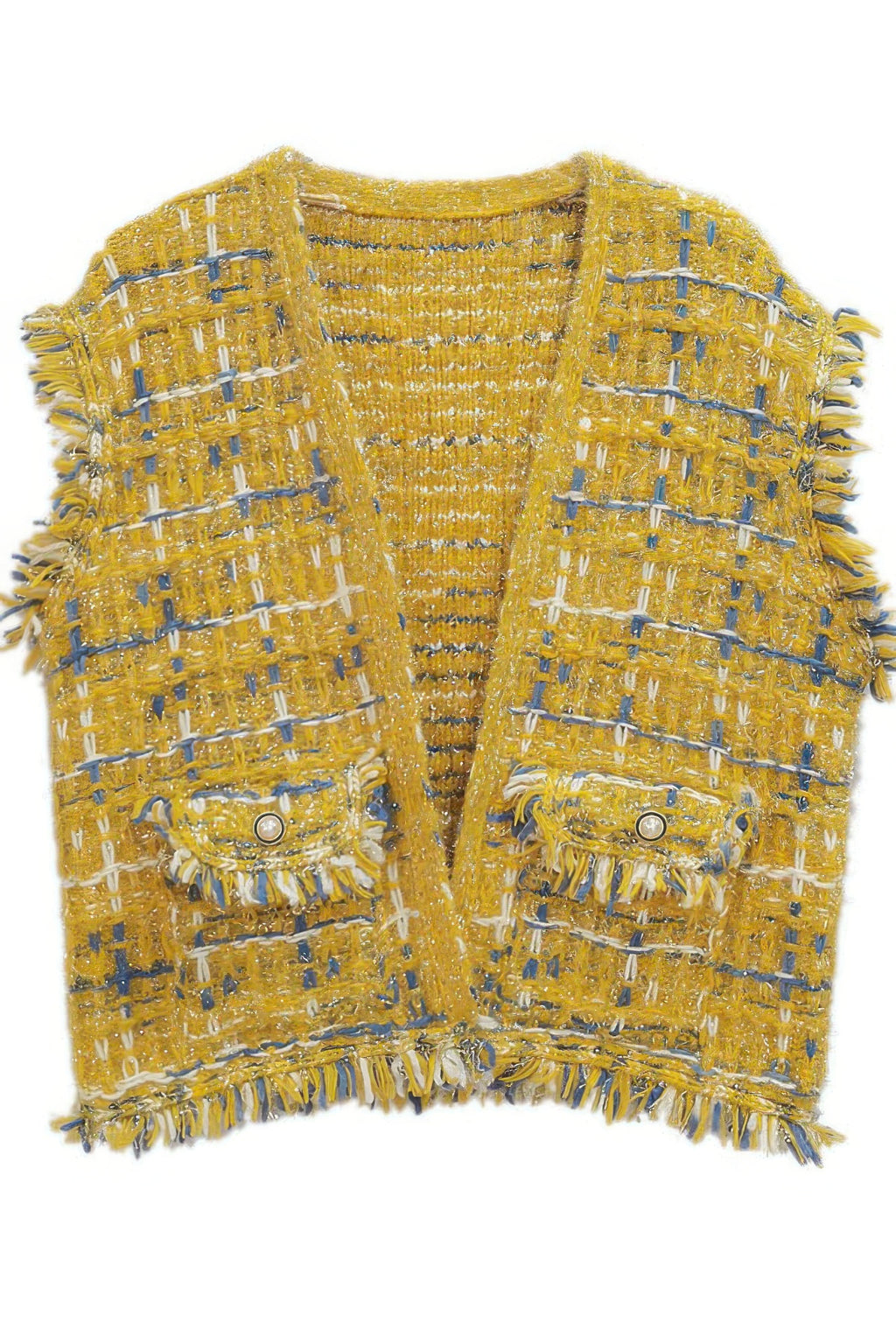 Fringed Plaid Tweed Vest -