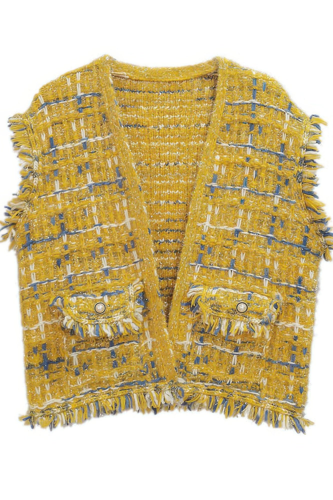 Fringed Plaid Tweed Vest -