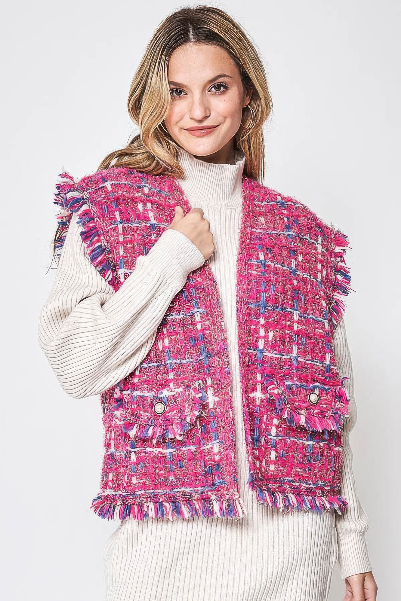 Fringed Plaid Tweed Vest - Pink Main image