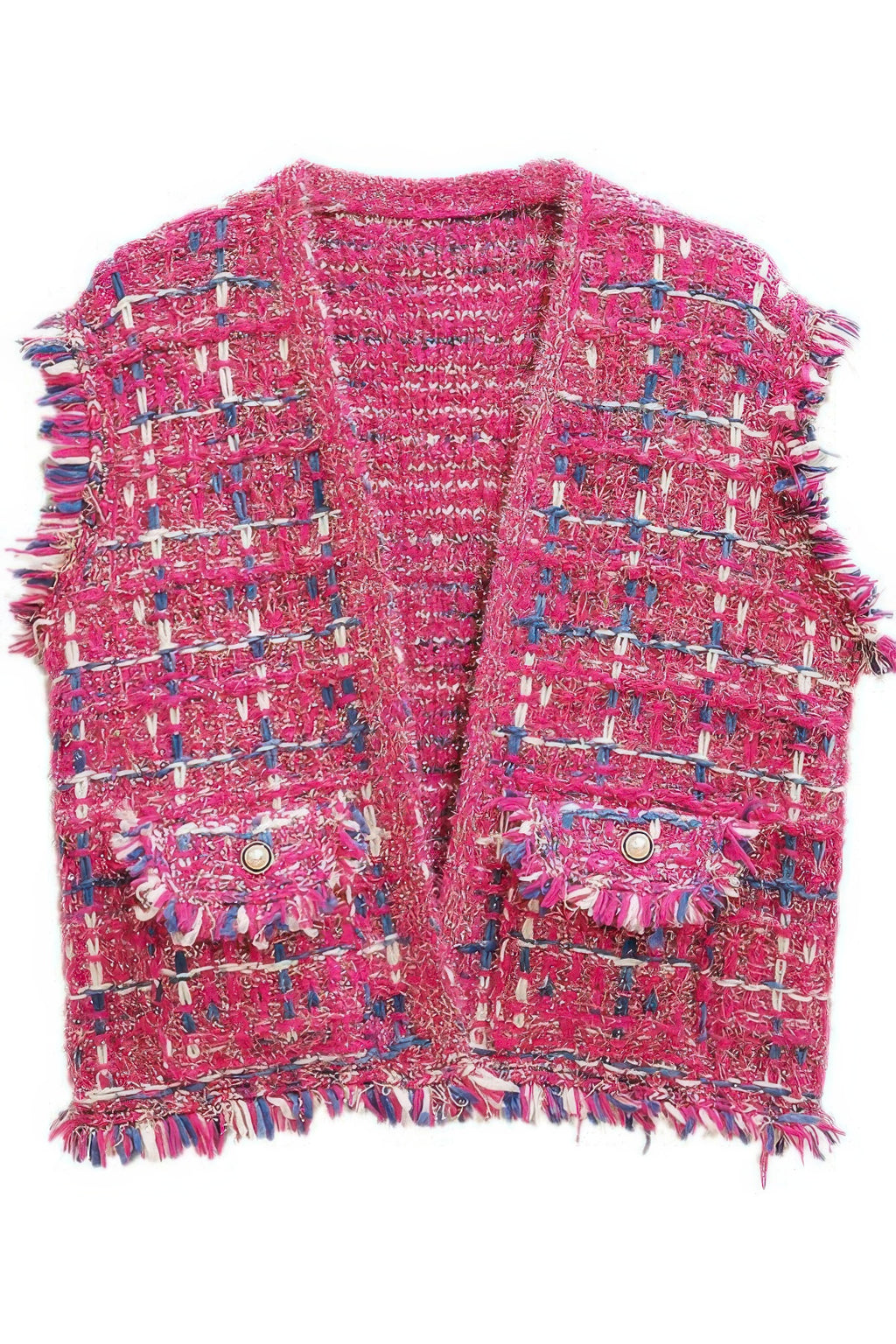 Fringed Plaid Tweed Vest -