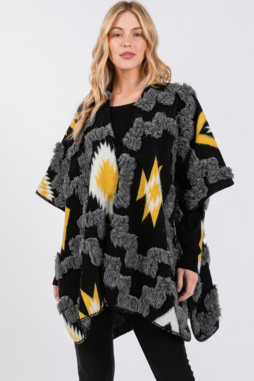 Textured Aztec Pattern Kimono - Black One Size Fits Most
