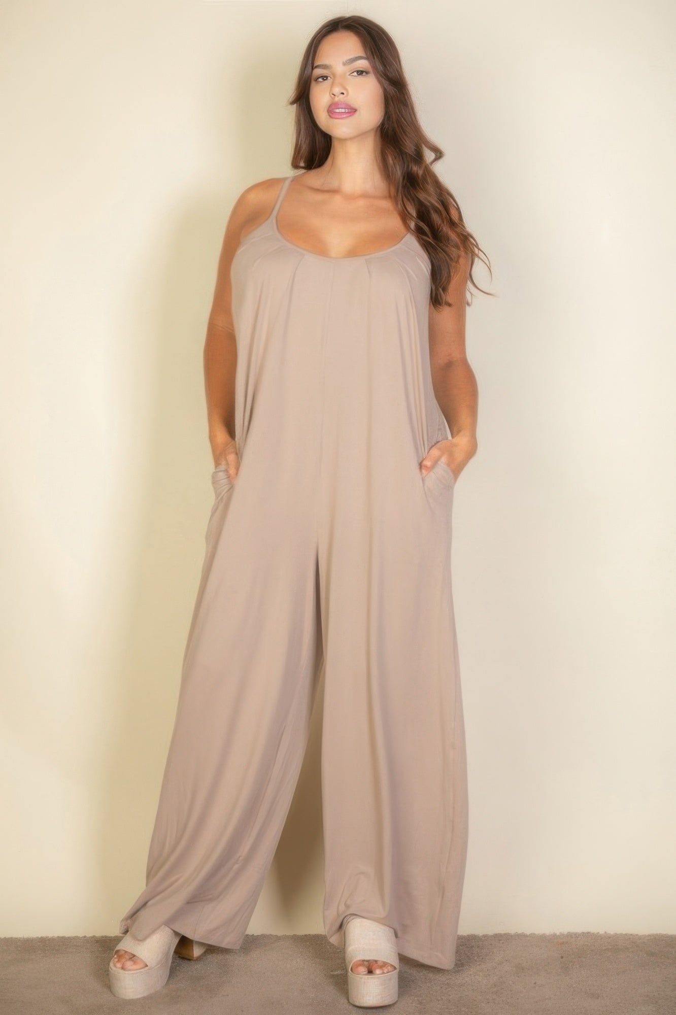Spaghetti Strap Wide Leg Jumpsuit - Taupe Main image