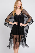 Floral Lace Fringe Tassel Poncho - Black One size fits all