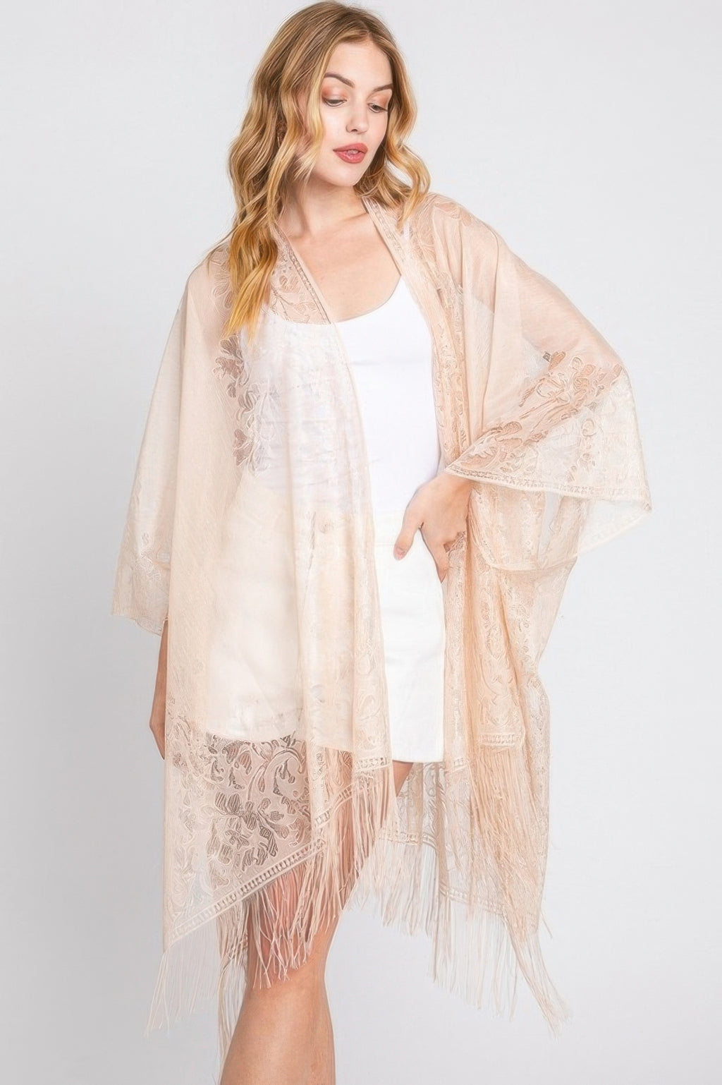 Floral Lace Tasseled Fringe Kimono - Beige One size fits all