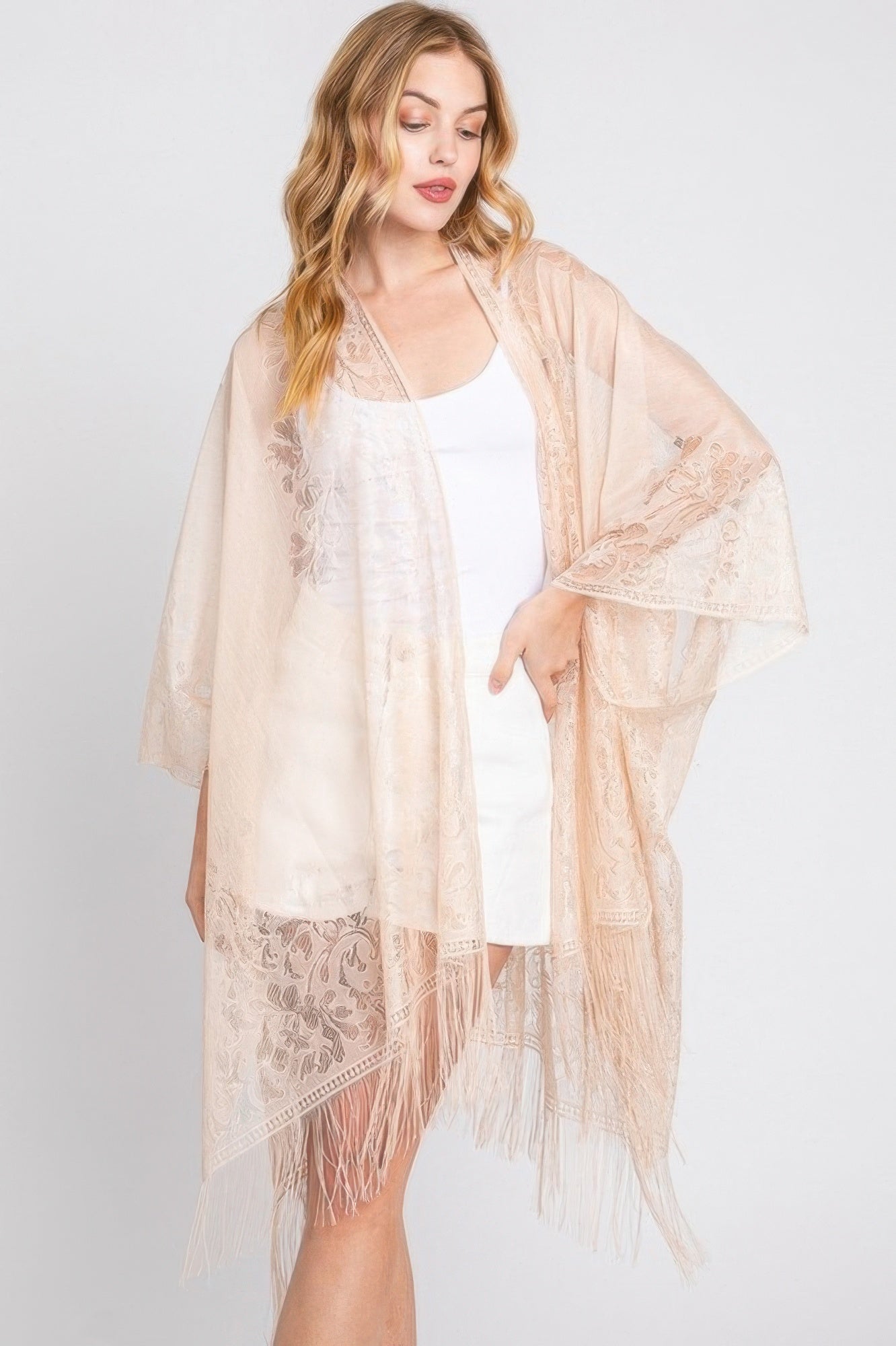 Floral Lace Tasseled Fringe Kimono - Beige One size fits all