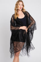 Floral Lace Tasseled Fringe Kimono - Black One size fits all
