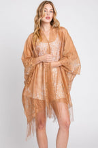 Floral Lace Tasseled Fringe Kimono - Taupe One size fits all