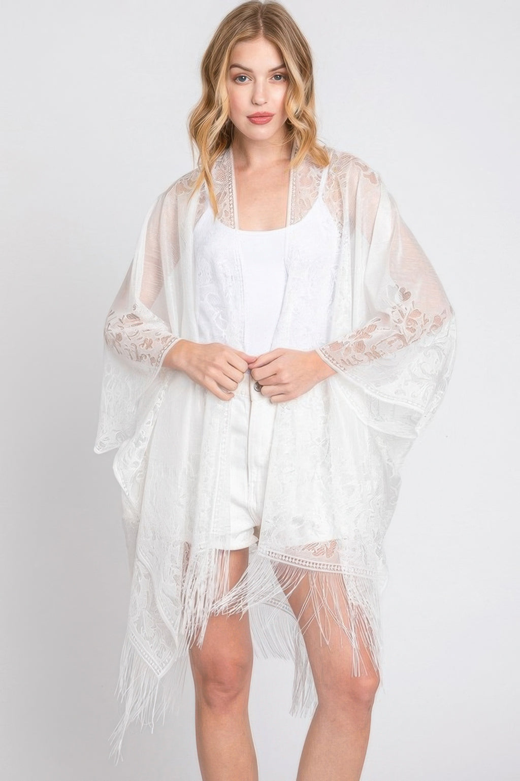 Floral Lace Tasseled Fringe Kimono - White One size fits all