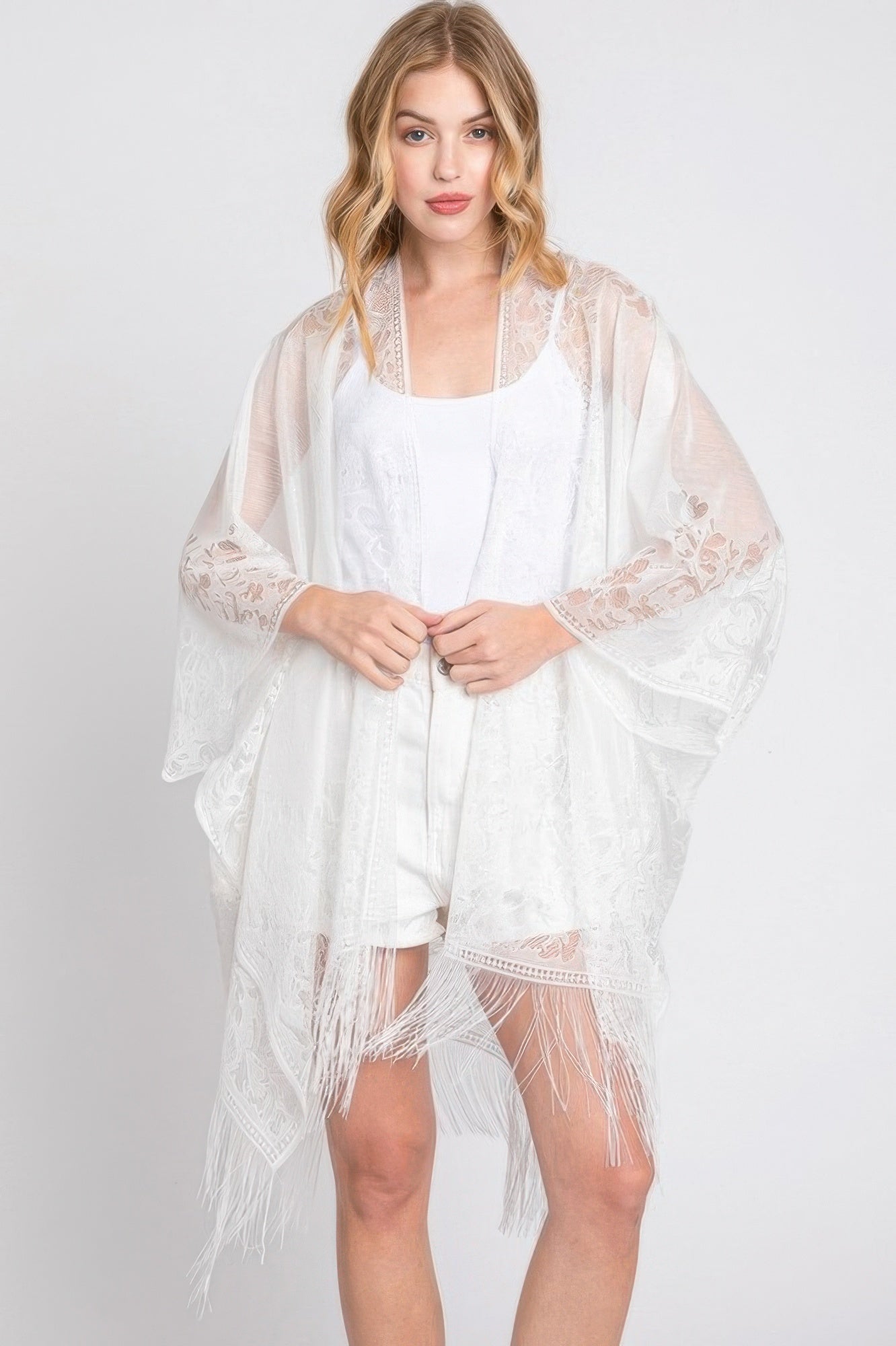 Floral Lace Tasseled Fringe Kimono - White One size fits all