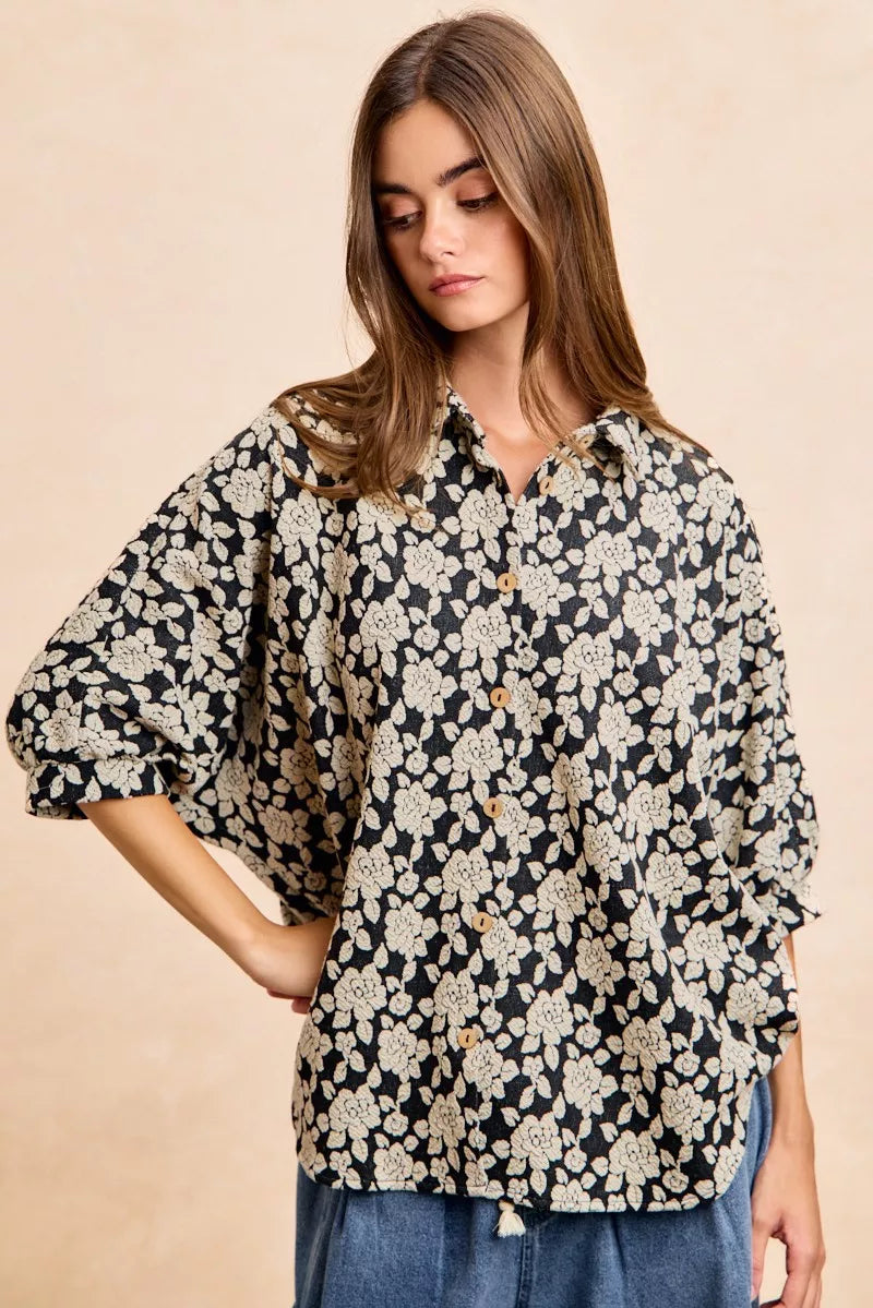 Floral Jacquard Short Dolman Sleeve Shirt -