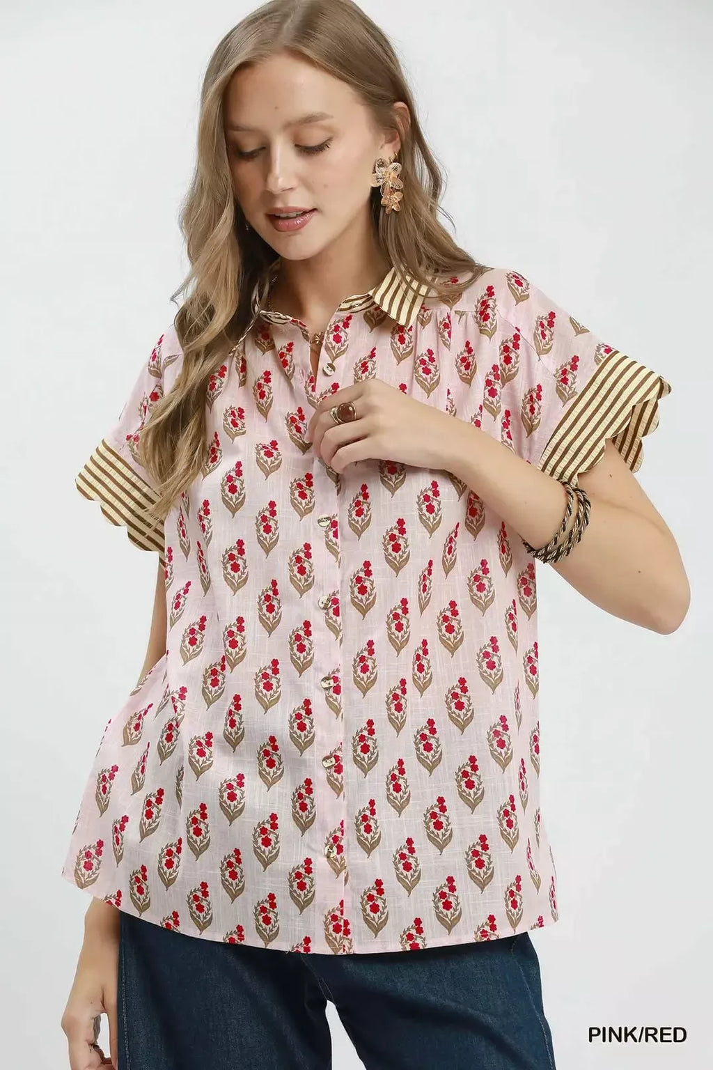 Block Print Contrast Collar Shirt - PINK RED