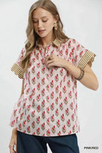 Block Print Contrast Collar Shirt - PINK RED