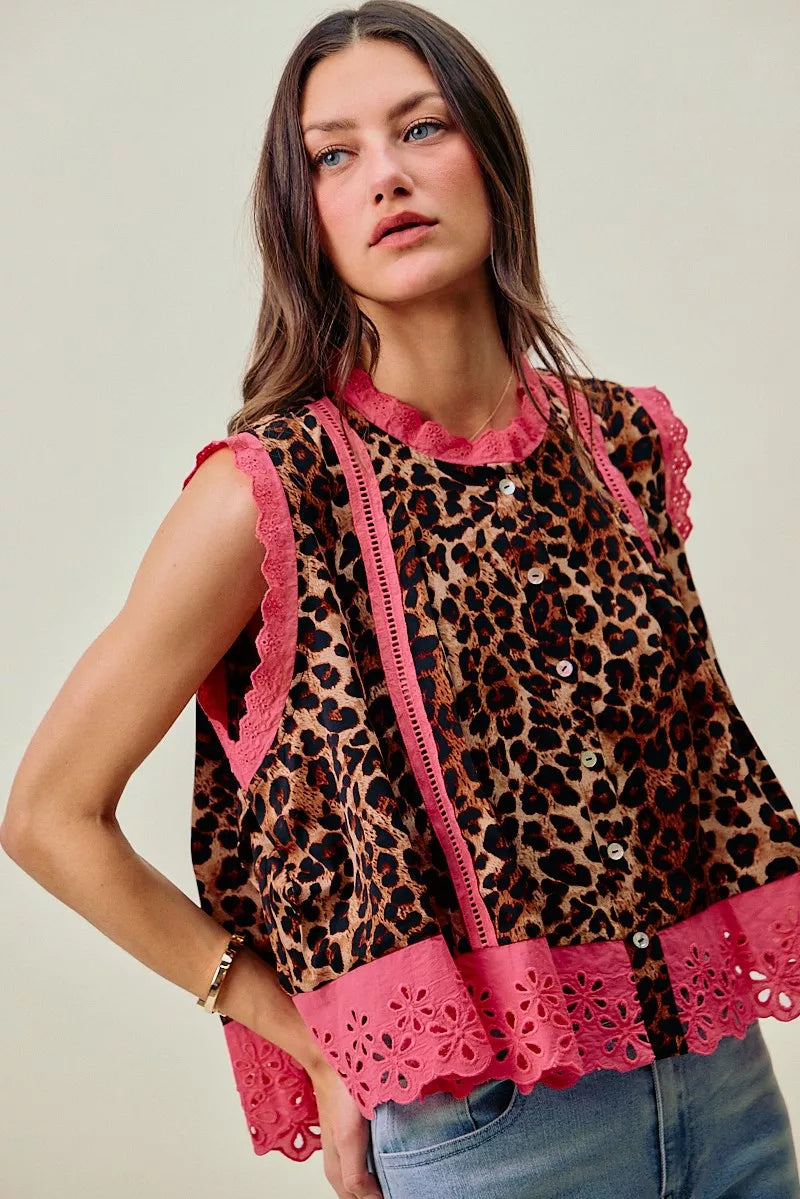 Leopard Pleated Sleeveless Blouse -