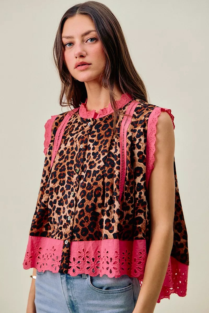 Leopard Pleated Sleeveless Blouse -