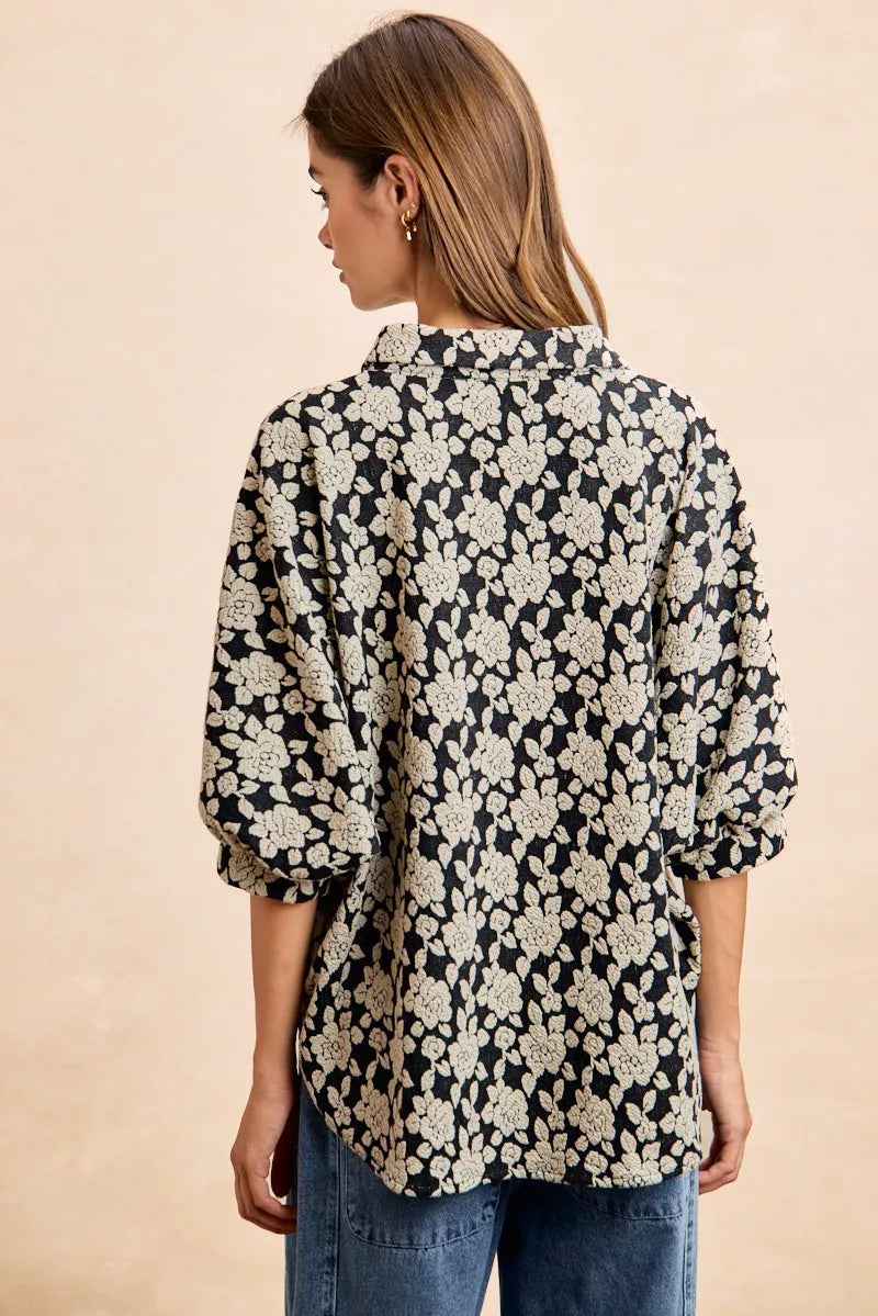 Floral Jacquard Short Dolman Sleeve Shirt -