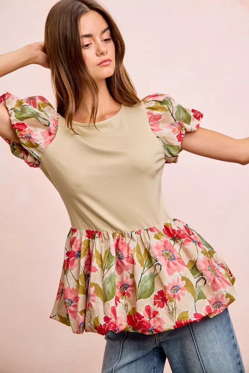 Floral Print Bubble Sleeve Peplum Top -