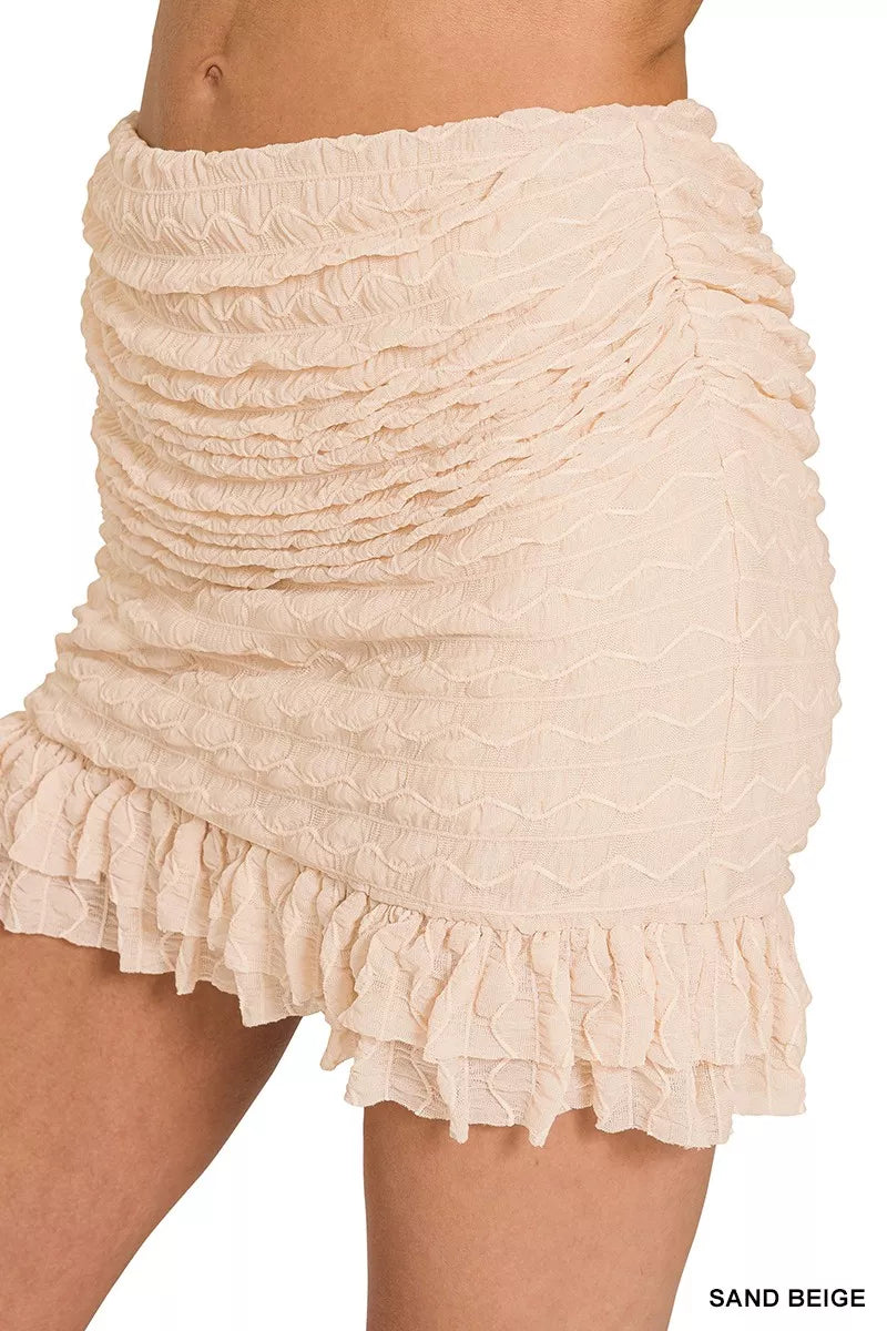 Sand Beige Ruched Mini Skort Ruffle Hem Skirt -