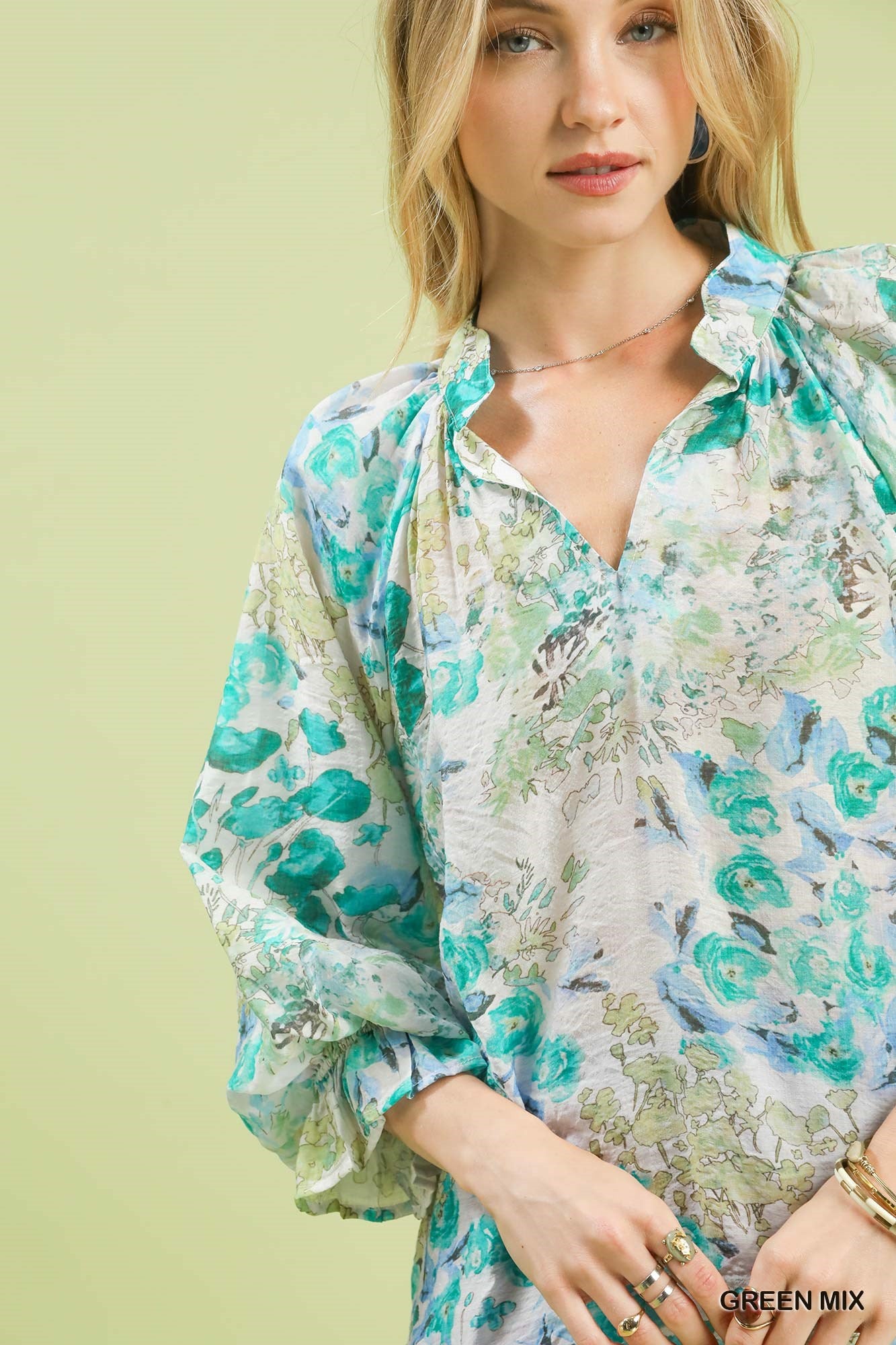 Watercolor Floral Flounce Sleeve Blouse Secondary image
