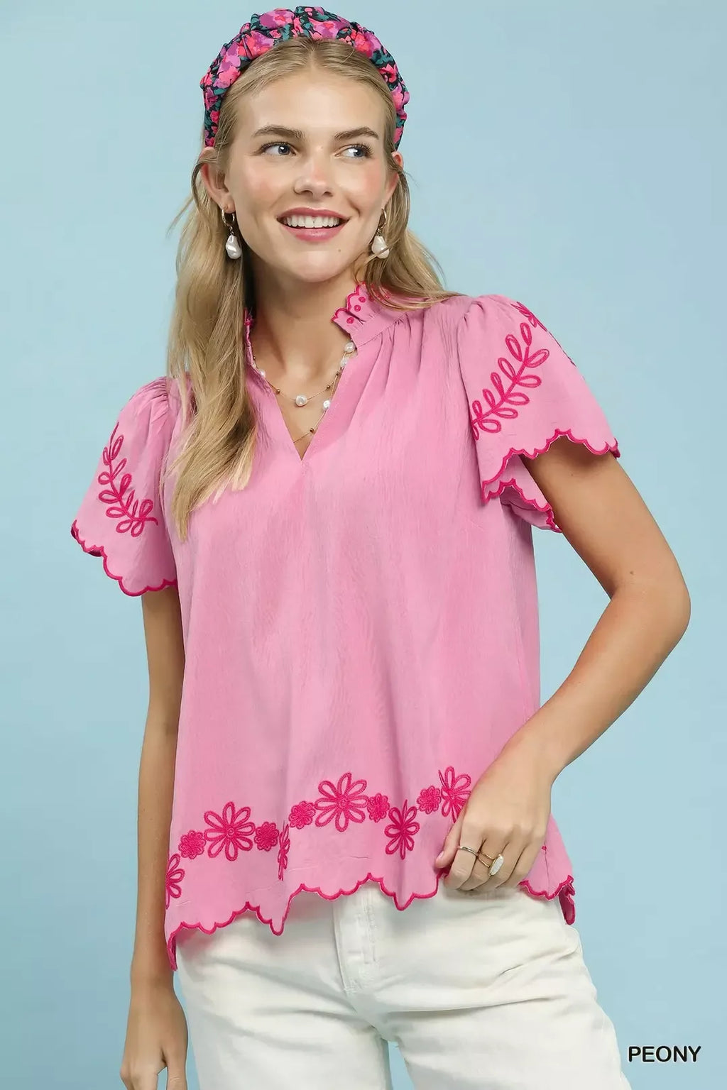 Embroidered Scallop Sleeve Blouse - PEONY