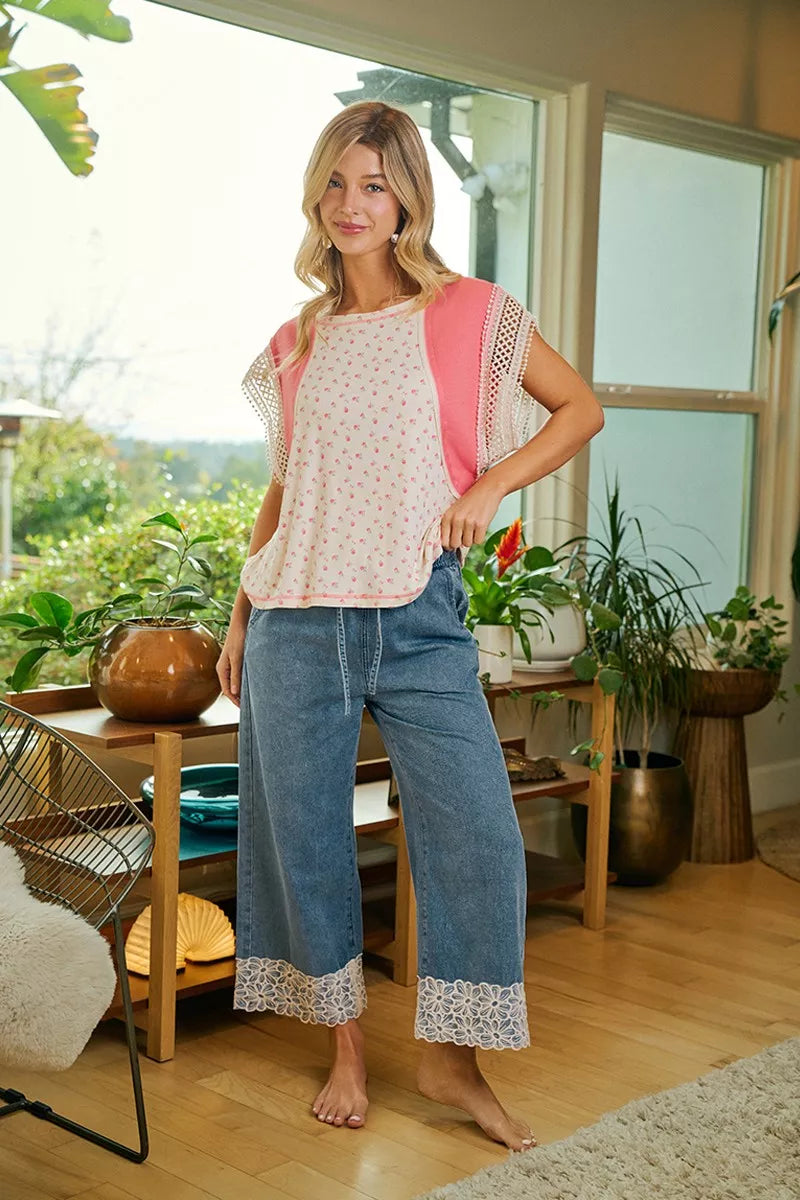 Lace Trim Wide Leg Pants -