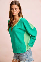 Textured Color Block V-Neck Pullover -