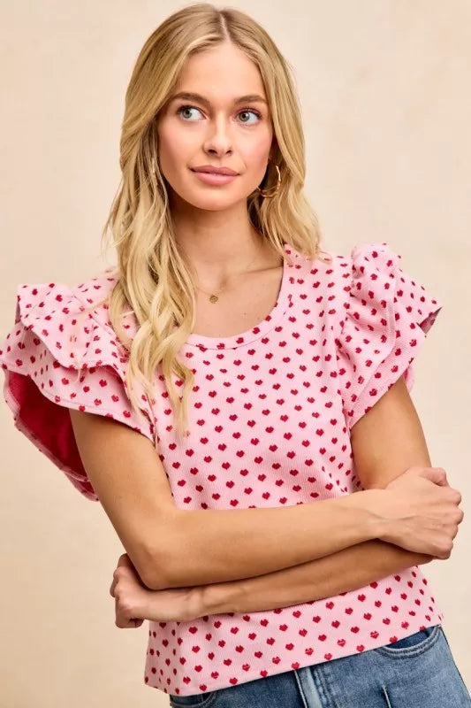 Heart Pattern Knit Ruffled Sleeve Shirt -