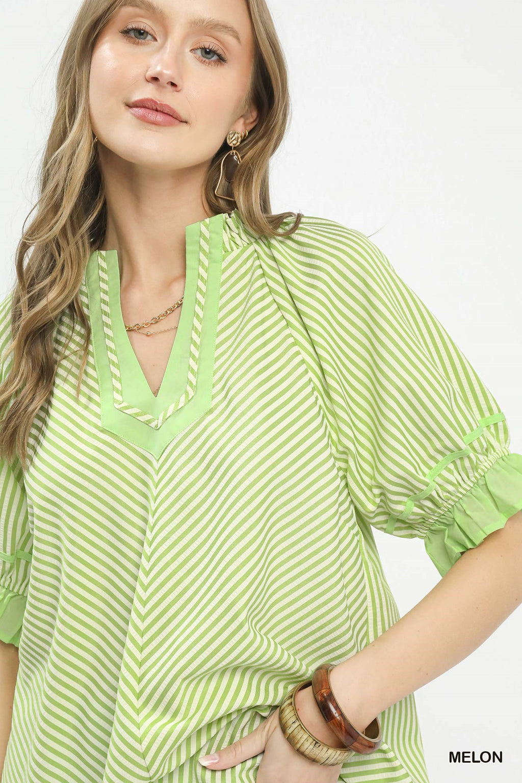 Stripe Ruffle Split Neck Blouse -